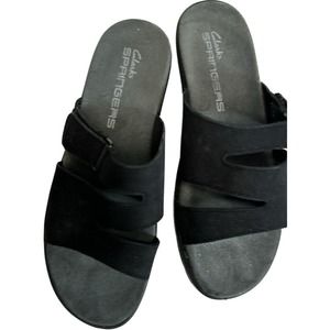 Clarks Sunstar Springers Black Nubock Leather Sandals Open Back Sz 6M Prime Cond